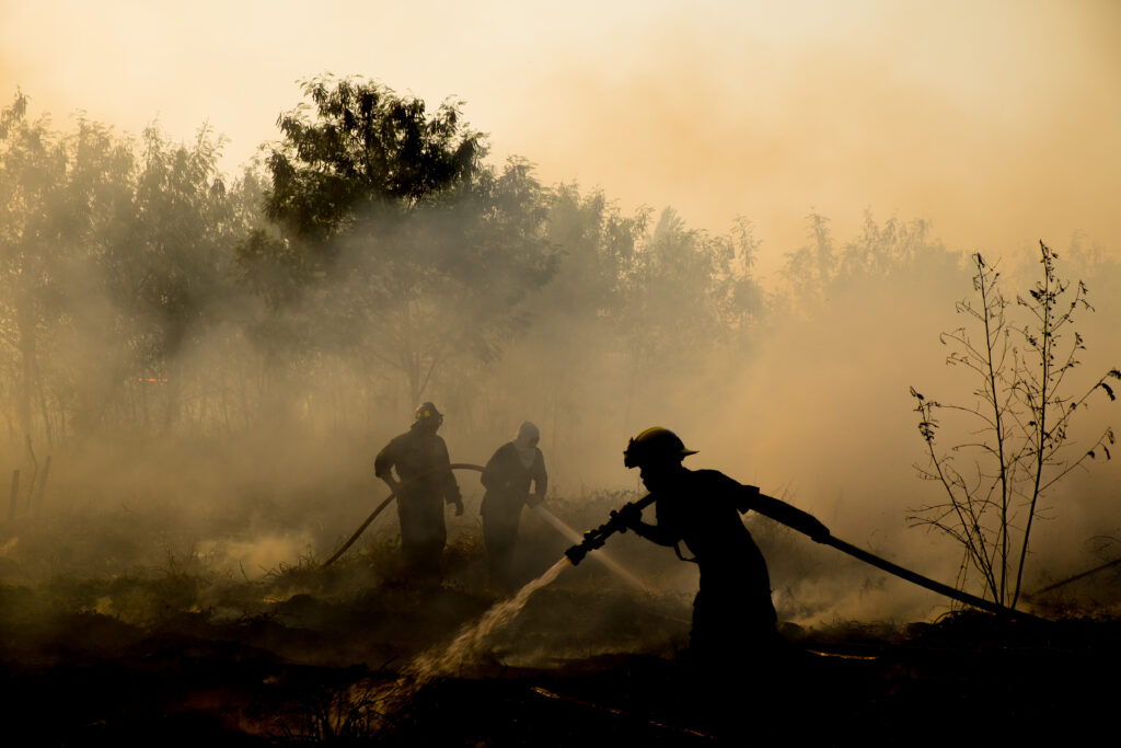 Firefighters in silhouette work to control a raging wildfire, spraying water on the ground as smoke and haze fill the area, with trees visible in the background.