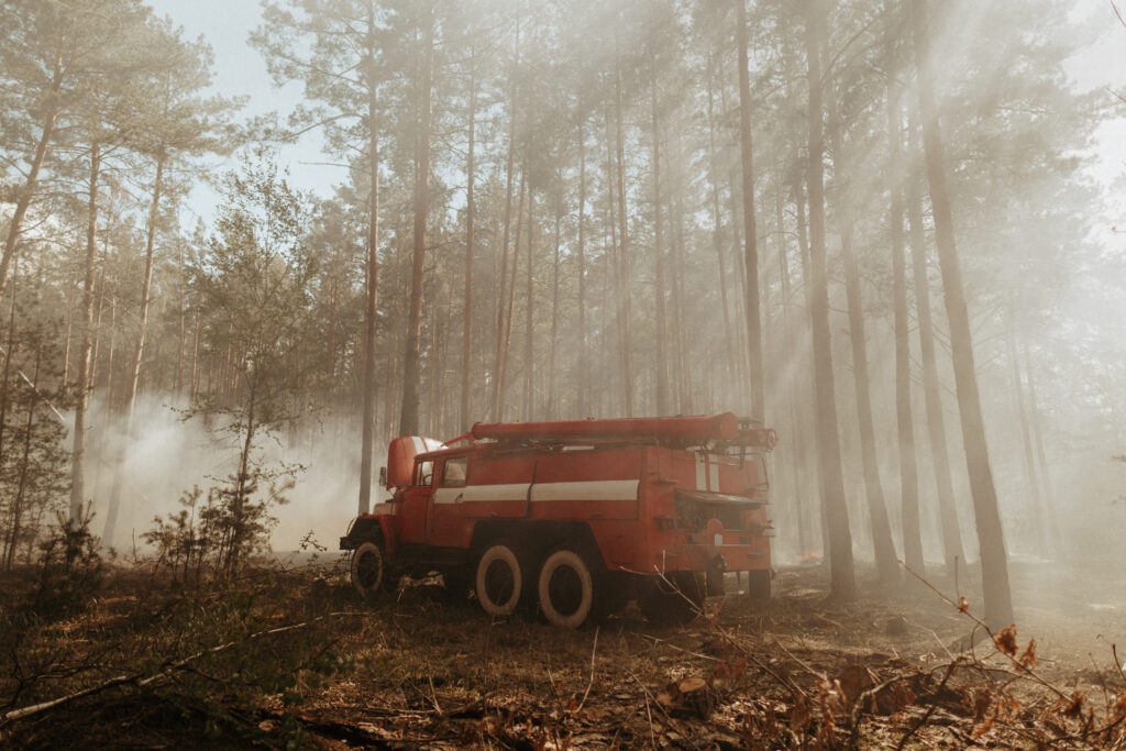A red fire truck is parked in a smoky forest with tall trees, responding to a wildfire. Sunlight streams through the hazy air, and some underbrush appears burned or charred.