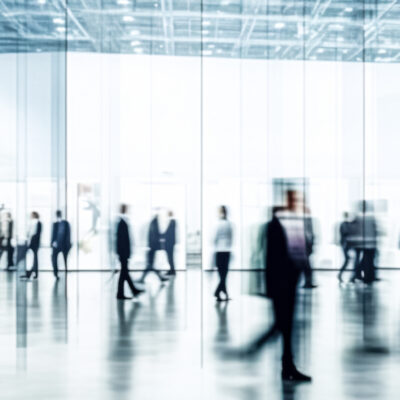 A blurred crowd of people in business attire walks through a spacious, modern, glass-walled building with high ceilings and bright lighting.