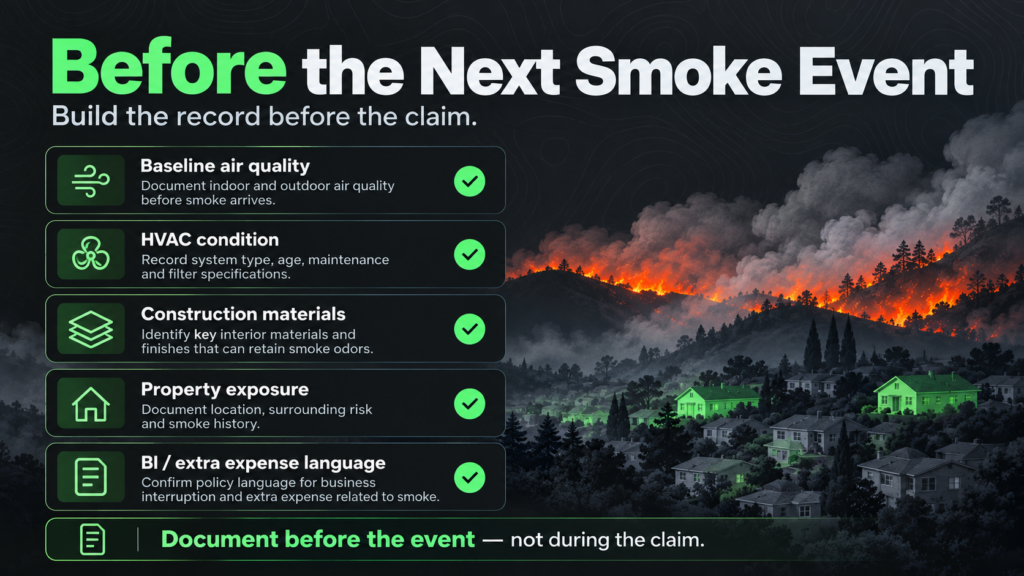 Infographic with a wildfire behind houses, listing steps to document for insurance before a wildfire smoke event: air quality, HVAC condition, construction materials, property exposure, and business interruption coverage.