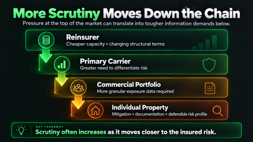 Infographic showing a chain from reinsurer to individual property, illustrating how scrutiny increases down the chain with colored boxes, arrows, and a key takeaway highlighting increased demands—especially in wildfire-prone areas—as you get closer to insurance holders.