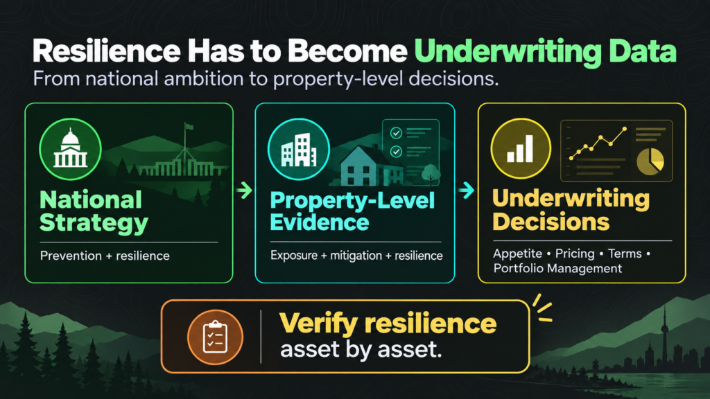 Infographic showing steps: National Strategy, Property-Level Evidence, Underwriting Decisions, and a highlighted box reading “Verify resilience asset by asset.” Icons illustrate each stage along with related keywords such as wildfire.