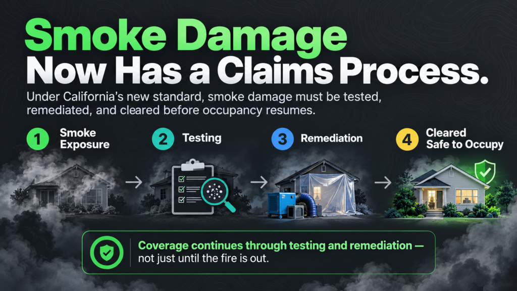 Infographic explaining California’s wildfire smoke damage claims process: smoke exposure, testing, remediation, and clearance to occupy. Includes icons and steps with text emphasizing extended coverage through wildfire smoke testing and remediation.