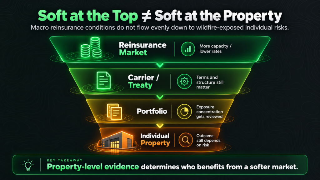 Four glowing funnels labeled Reinsurance Market, Carrier/Treaty, Portfolio, and Individual Property show how macro reinsurance conditions affect each level, highlighting that softer markets don’t evenly benefit wildfire-exposed properties impacted by wildfire risk.