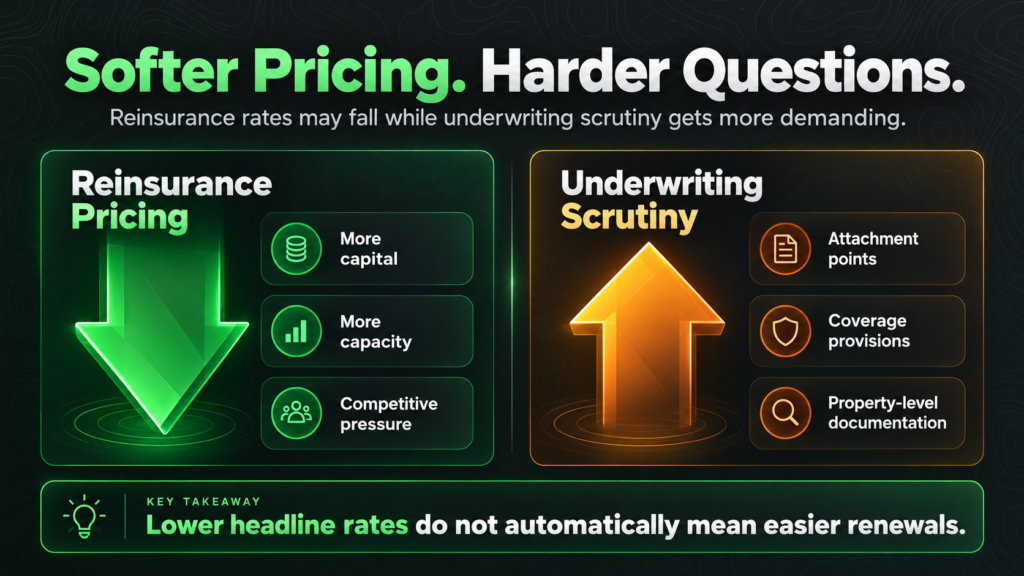 Infographic contrasts reinsurance pricing (more capital, capacity, pressure) with stricter underwriting scrutiny (higher attachment points, tighter coverage, more property and wildfire risk checks). Key: Lower headline rates don’t mean easier renewals.
