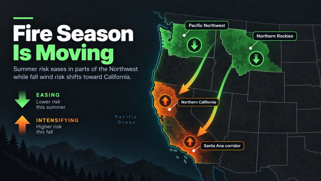 A map shows wildfire risk shifting from the Northwest to Northern California and the Santa Ana corridor, with green arrows for easing risk and orange arrows for intensifying risk. Text explains fire season changes.