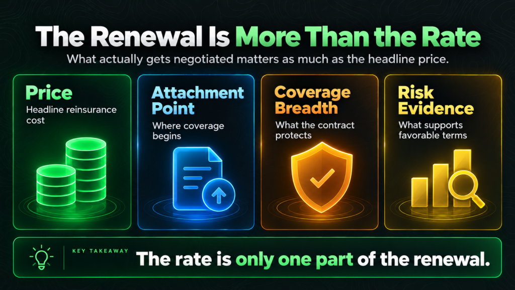 Infographic showing four insurance terms: Price, Attachment Point, Coverage Breadth, and Risk Evidence. The visual highlights how factors like wildfire exposure can impact each of these terms. Key takeaway emphasizes that the rate is only one part of the renewal process.