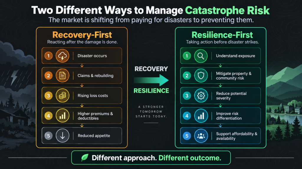 Infographic comparing “Recovery-First” and “Resilience-First” approaches to catastrophe risk, highlighting wildfire scenarios. Lists 5 steps for each approach, emphasizing prevention over reaction, with outdoor wildfire imagery and a split design.