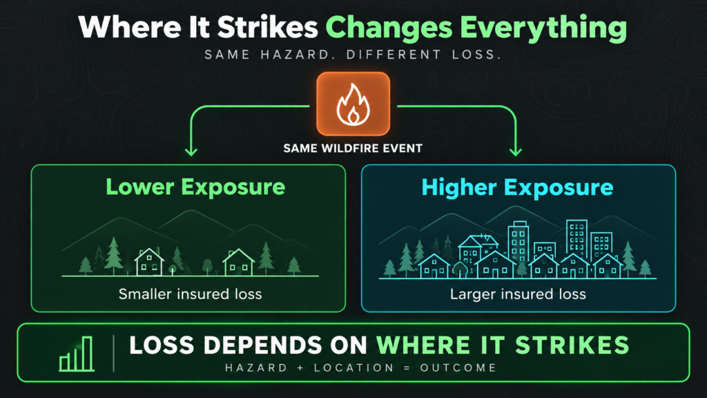 Infographic illustrating that the impact of a wildfire depends on location, with lower wildfire exposure areas experiencing smaller insured losses and higher exposure areas facing larger losses. The extent of loss is determined by where the wildfire strikes.