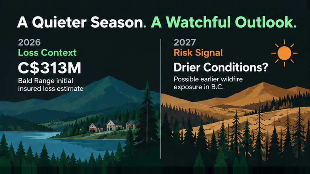 Infographic titled “A Quieter Season. A Watchful Outlook,” comparing 2026’s insured loss of C$313M for the Bald Range with 2027’s risk signal of drier conditions and potential wildfire exposure in British Columbia.