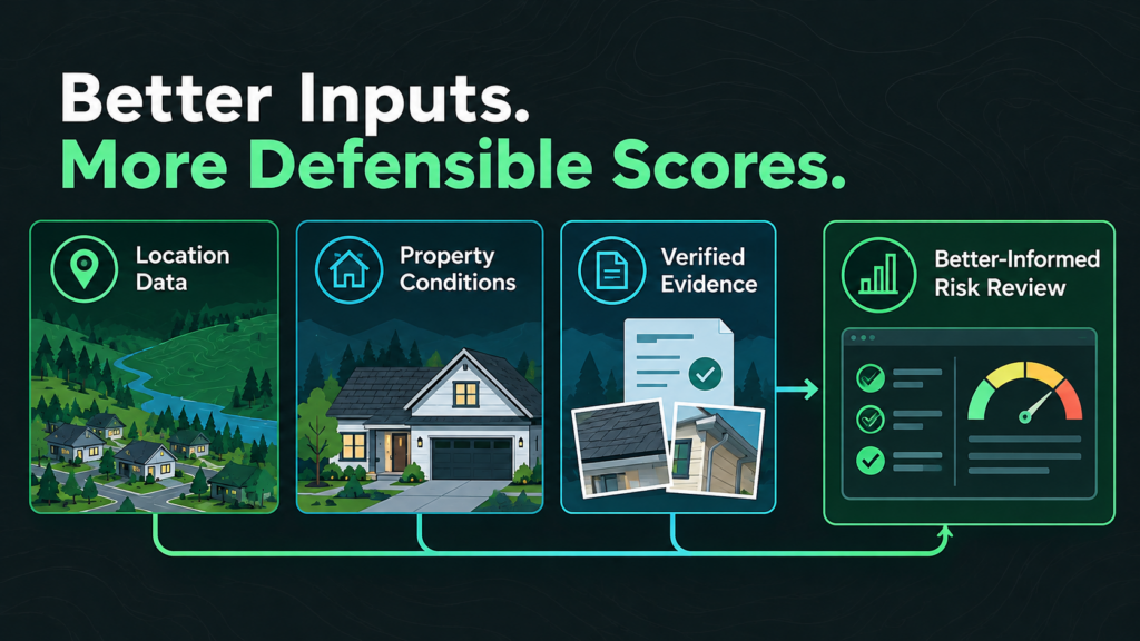 Infographic titled “Better Inputs. More Defensible Scores,” showing a process flow from location data, property conditions, and verified wildfire evidence to a better-informed risk review.