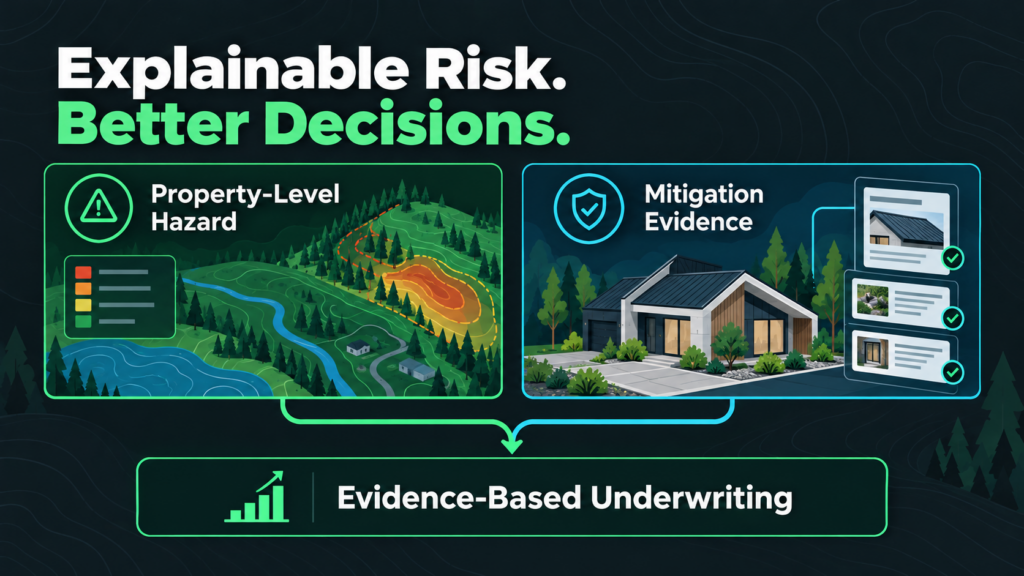 Infographic titled “Explainable Risk. Better Decisions.” showing how wildfire hazard data and mitigation evidence lead to evidence-based underwriting.