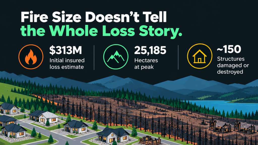 Infographic titled “Fire Size Doesn’t Tell the Whole Loss Story,” showing $313 million in initial insured losses, 25,185 hectares burned by wildfire, and approximately 150 structures damaged or destroyed in a fire-affected landscape.