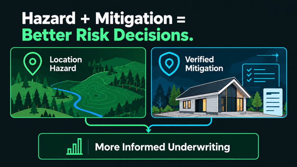 Infographic titled “Hazard + Mitigation = Better Risk Decisions,” illustrating how identifying location hazards like wildfire and verified mitigation leads to more informed underwriting.