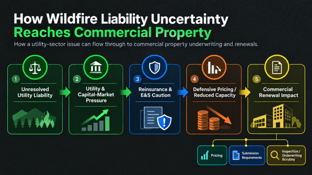 A wildfire flowchart showing five steps of liability impacts on commercial property: utility liability, market pressure, reinsurance caution, pricing/capacity reduction, and commercial real estate impact.