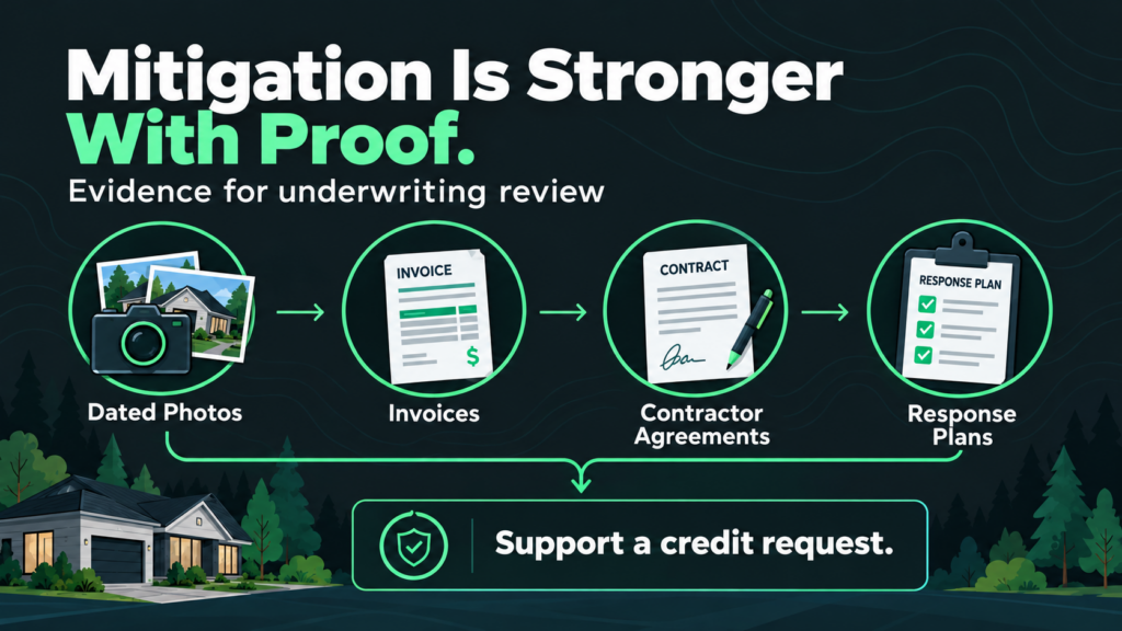 Infographic titled “Mitigation Is Stronger With Proof,” showing that dated photos, invoices, contractor agreements, and response plans are evidence used to support a wildfire credit request.