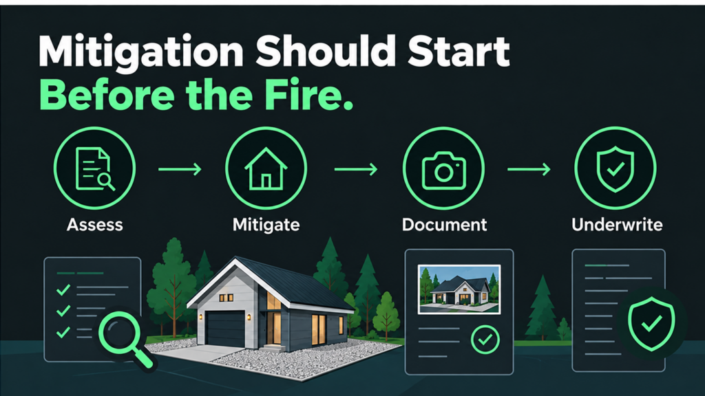 Infographic titled “Mitigation Should Start Before the Fire,” outlining a four-step wildfire mitigation process: Assess, Mitigate, Document, and Underwrite, each represented by an icon and illustrated with a house and relevant checklists.