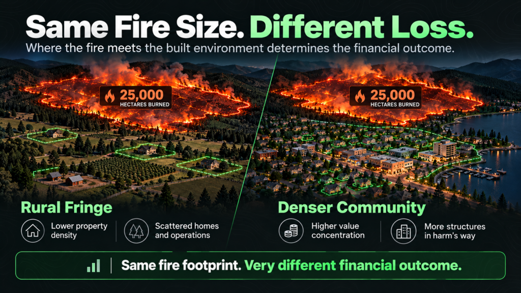 Infographic comparing the financial impact of a 25,000-hectare wildfire on a rural area versus a dense community, showing that higher property concentration in the path of the fire leads to greater economic loss.