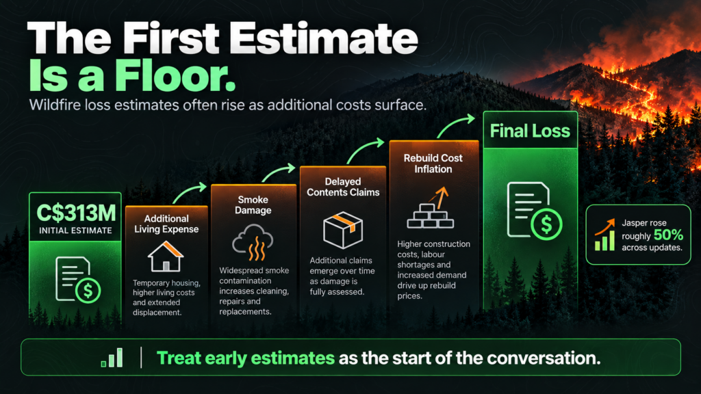 Infographic showing how initial wildfire loss estimates rise over time due to additional claims, smoke damage, and construction inflation, ending with the message to treat early estimates as the start of the conversation.