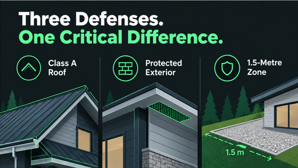 Infographic titled “Three Defenses. One Critical Difference,” illustrating a Class A roof, protected exterior with vents, and a 1.5-metre wildfire defensive zone around a house.