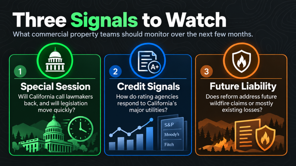 Infographic titled “Three Signals to Watch” highlights special session, wildfire risk, and future liability as key issues for California’s commercial property teams over the next few months.