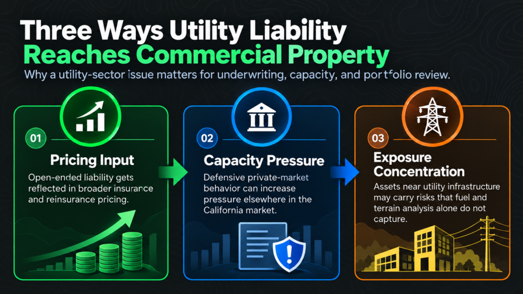 Infographic showing three ways utility liability, including wildfire risk, affects commercial property: pricing input, capacity pressure, and exposure concentration—each with icons and brief explanations of insurance impacts.