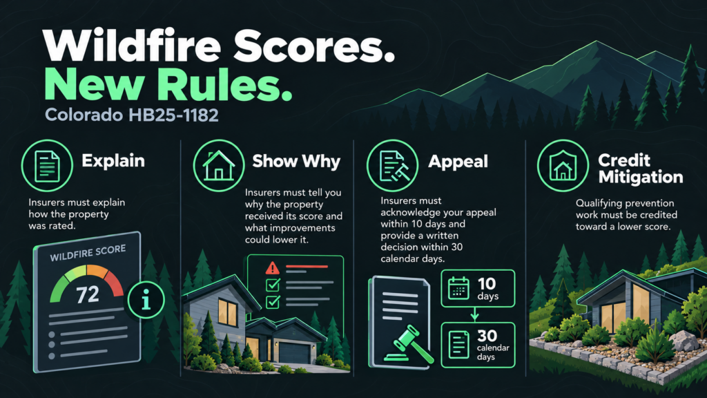 Infographic detailing Colorado HB25-1182 wildfire score rules, including how ratings are calculated, the appeal process timeline, and credit mitigation for property improvements.